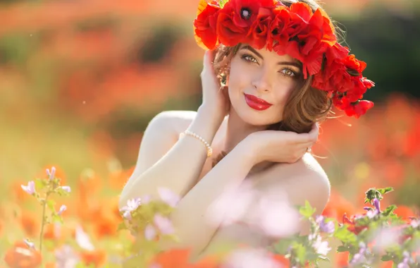 Picture field, summer, look, girl, flowers, hands, makeup, hairstyle