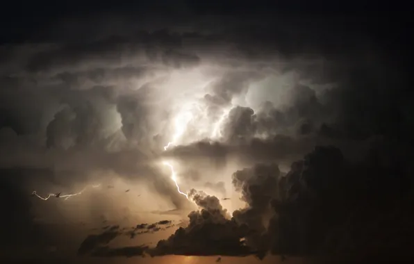 The storm, the sky, landscape, clouds, nature, rain, lightning, horizon