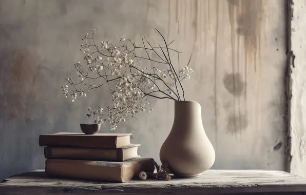 Wall, books, bouquet, vase, still life, grey background, ceramics, AI art
