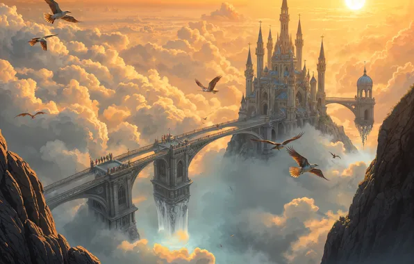 The sky, the sun, clouds, light, flight, birds, bridge, fog