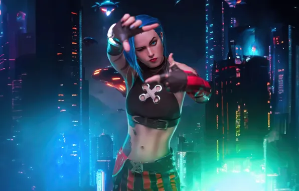 Girl, the city, lights, pose, skyscrapers, night city, gesture, Cosplay