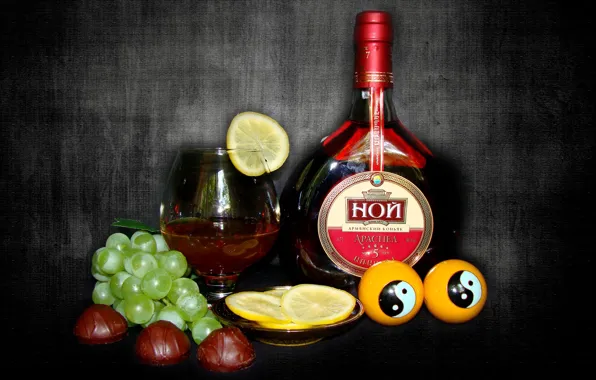 Picture mood, holiday, lemon, grapes, drink, still life, cognac