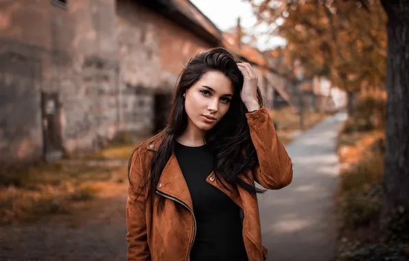 Autumn, look, girl, the city, pose, street, model, brunette