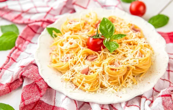Cheese, tomato, spaghetti, pasta, Basil