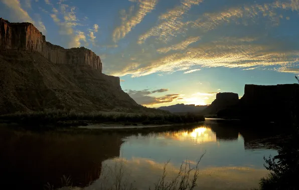 The sky, the sun, clouds, sunset, rocks, dawn, pond