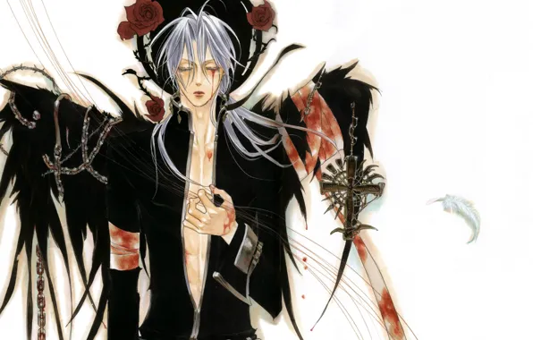 Cross, chain, bloody tears, bandages, black wings, Trinity Blood, the curse, Abel Nightroad