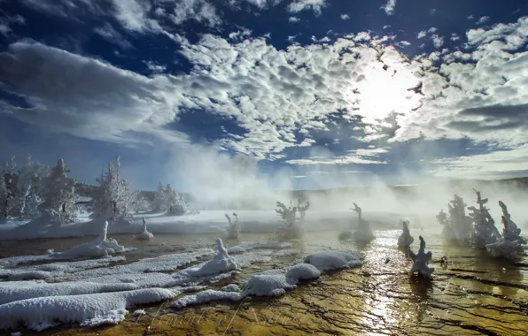 Picture snow, landscape, nature, fog, river, morning