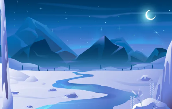 Winter, the sky, stars, snow, trees, landscape, mountains, night