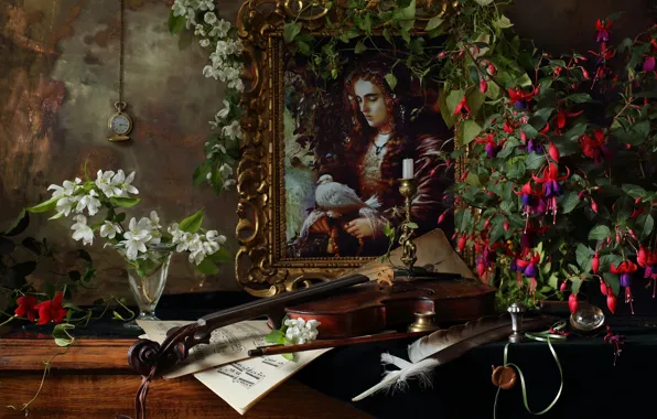 Picture branches, notes, pen, violin, watch, glass, picture, flowers