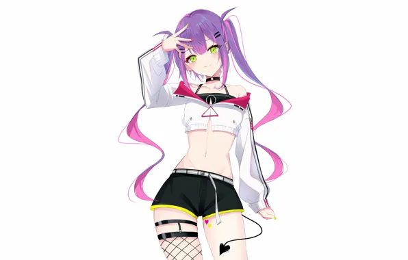 Girl, sexy, shorts, blouse, thighhighs, pink hair, long hair, anime