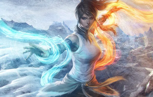 Picture water, girl, mountains, fire, element, magic, art, avatar