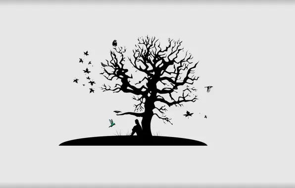 Minimalism, Tree, Leaves, Sadness, Birds, Black and white