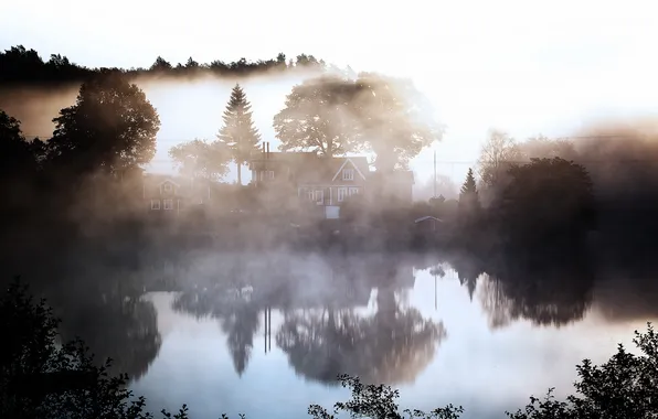 Picture landscape, fog, lake, house, morning