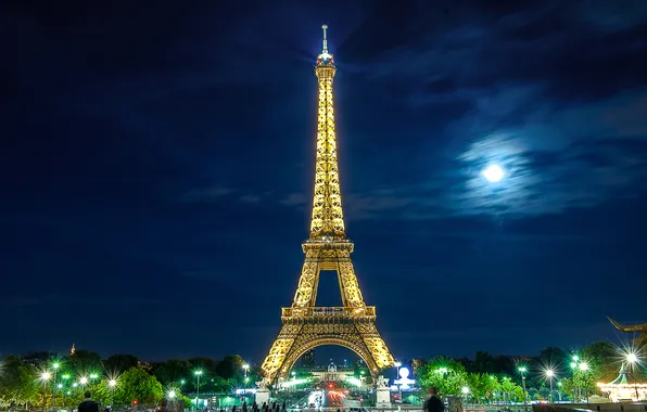 Picture the sky, clouds, night, lights, Paris, tower