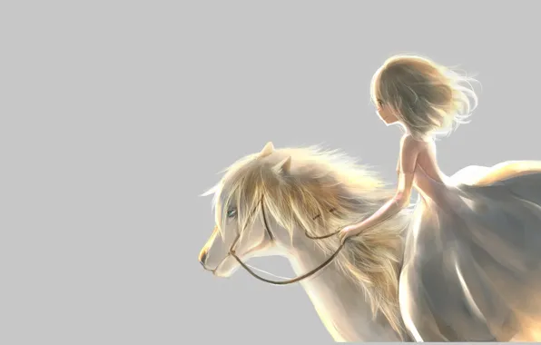 Dress, mane, Girl, pony, profile, rider, grey background