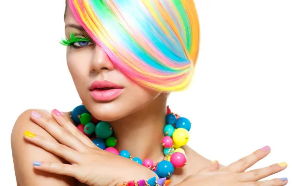 Picture girl, style, hands, makeup, beads, color, hair, manicure