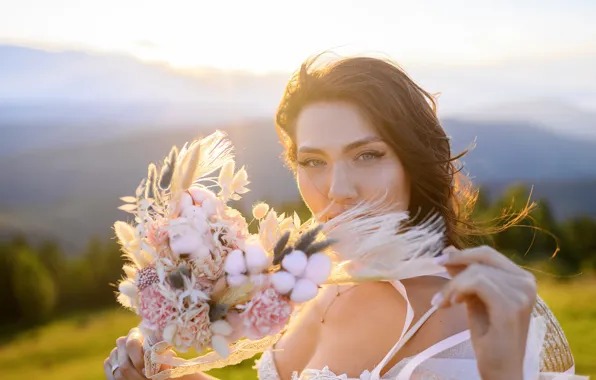 Field, forest, the sky, look, girl, light, flowers, mountains