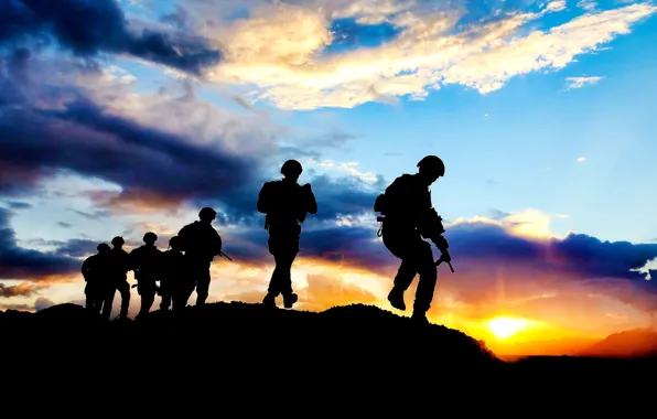 Picture the sky, the sun, clouds, sunset, mountains, weapons, the evening, soldiers