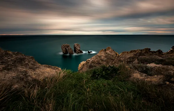 Sea, grass, clouds, landscape, nature, overcast, rocks, shore
