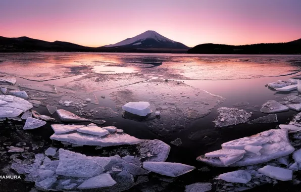 Picture sunset, ice, Japan, photographer, Kenji Yamamura, Lake Yamanaka