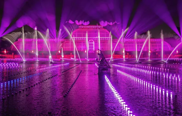 Lights, London, Christmas, fountain, Botanical garden, Kew Gardens