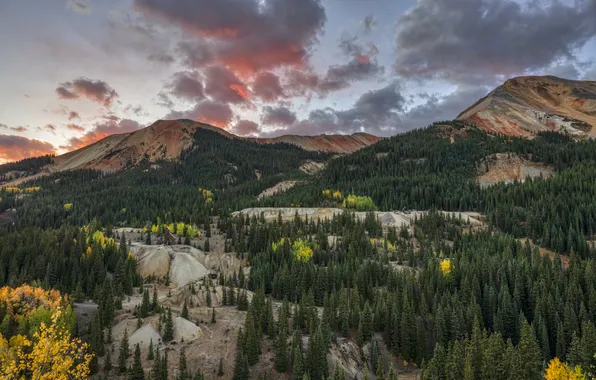 Autumn, forest, the sky, clouds, sunset, mountains, rocks, the slopes