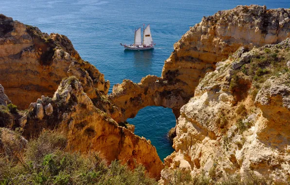 Picture sea, landscape, nature, rocks, sailboat, yacht, Portugal