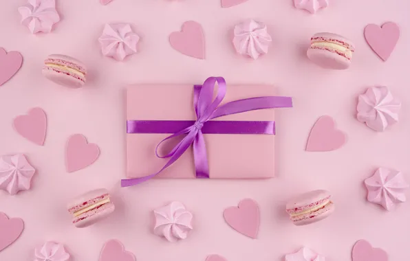 Background, pink, gift, cookies, macarons, meringue, meringue