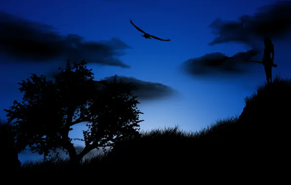 Girl, night, tree, bird, eagle, silhouette, the gun