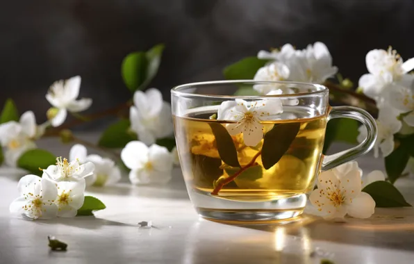 Flowers, tea, Cup, digital art, AI art, neural network, the art of artificial intelligence