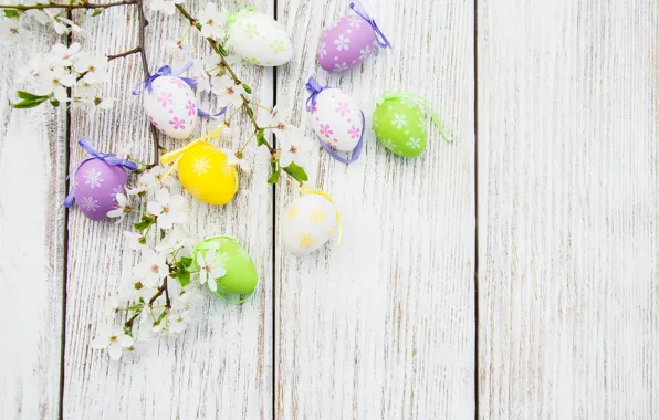 Picture flowers, eggs, colorful, Easter, happy, wood, blossom, flowers