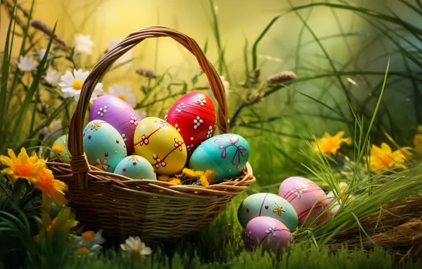 Flowers, eggs, spring, colorful, Easter, happy, flowers, spring
