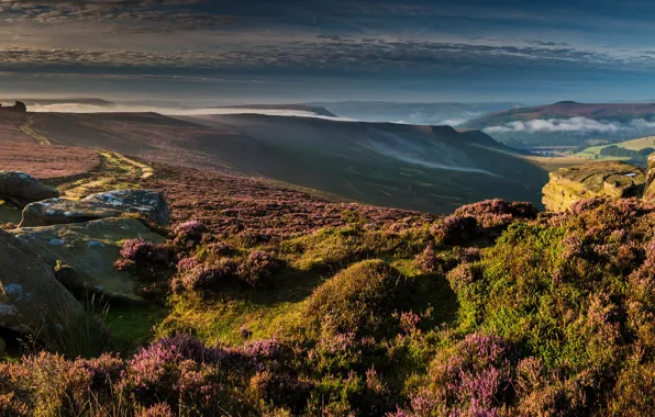 Picture field, grass, the sun, clouds, mountains, stones, valley, panorama