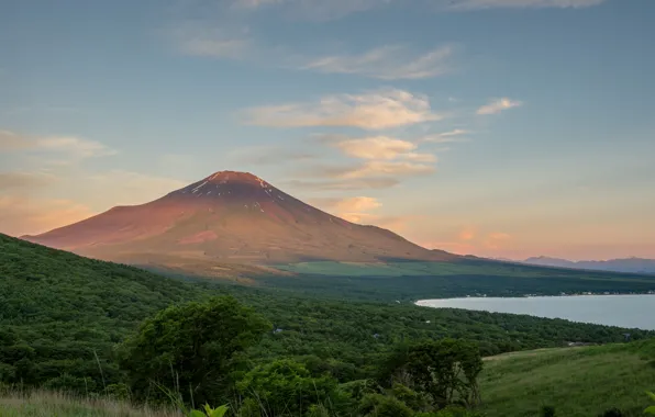 The sky, trees, landscape, lake, mountain, Japan, Fuji