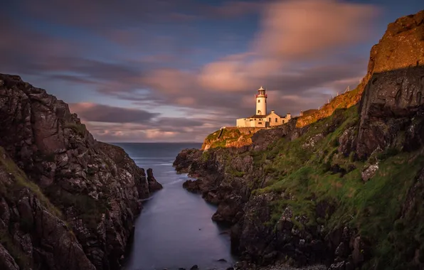 Sea, the sky, sunset, rocks, lighthouse, Bay