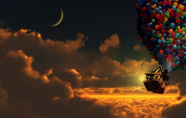 Clouds, balls, house, the moon, up, Moon, Pixar, clouds