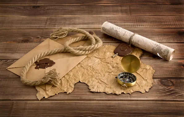 Letter, table, compass, rope, scroll