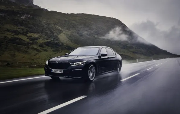 Road, black, BMW, sedan, dampness, G12, 2020, 7