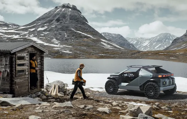 Picture Concept, Mountains, Lake, House, Men, Dacia, An environmentally efficient car, Environmentally efficient car