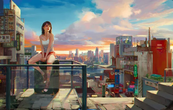 Picture girl, clouds, the city, home, art, sitting
