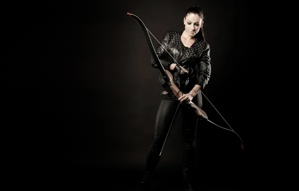 Picture girl, background, bow, arrow, leather jacket