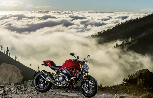 Red, Ducati, Monster, moto, bike, mountains, clouds, Legend