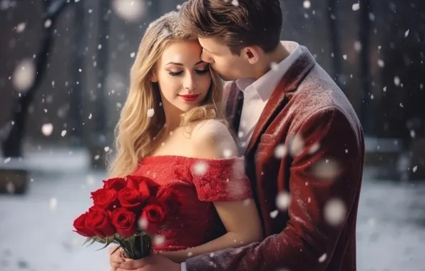 Winter, girl, snow, love, flowers, holiday, roses, bouquet