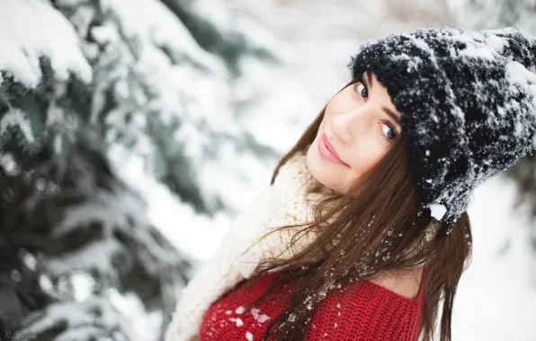 Winter, look, snow, trees, pose, smile, hat, Girl