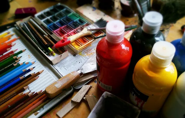 Paint, pencils, watercolor, artist, instrumento, handle, painting, creativity