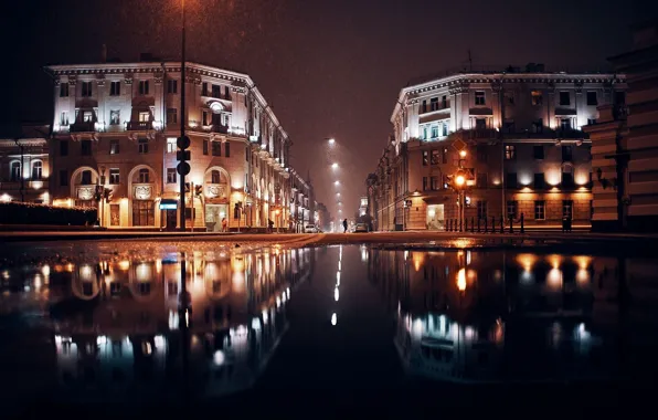 Road, snow, night, reflection, lamp, puddles, Belarus, Minsk