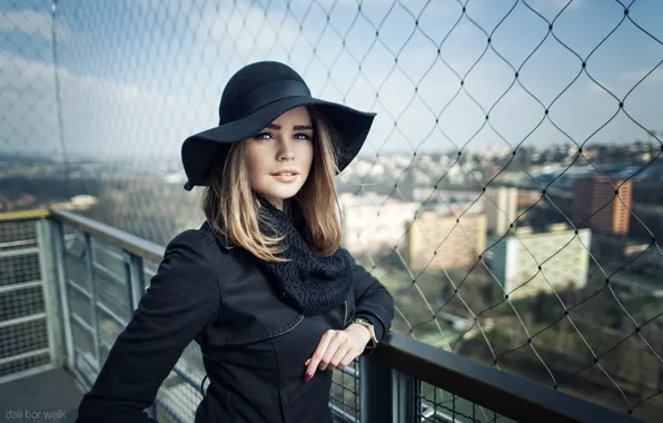 Landscape, the city, pose, model, portrait, hat, makeup, hairstyle