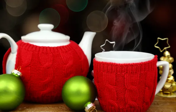 Picture decoration, balls, tea, New Year, kettle, Christmas, Cup, happy
