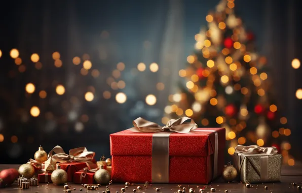 Balls, lights, box, gift, Shine, Christmas, gifts, New year