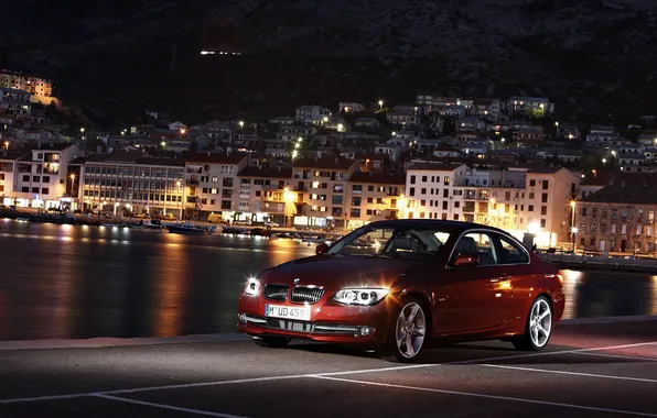 Picture Water, Auto, Night, Pier, The city, BMW, Light, Lights